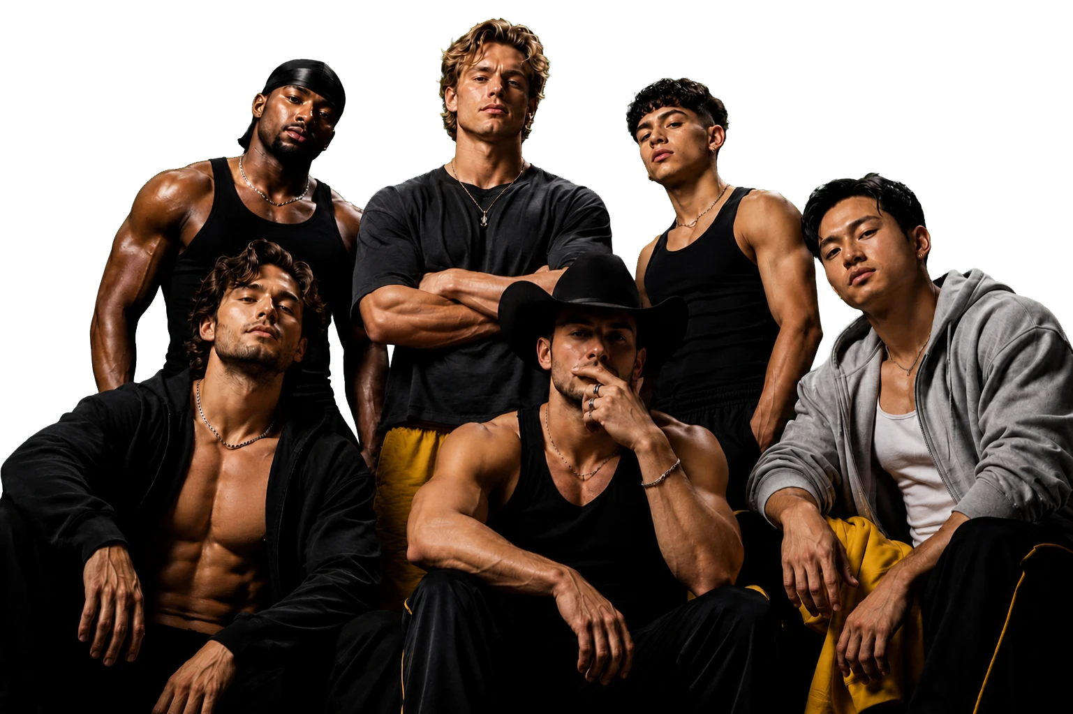 Six prospective HIMBOS contestants pose together in black and yellow casting looks