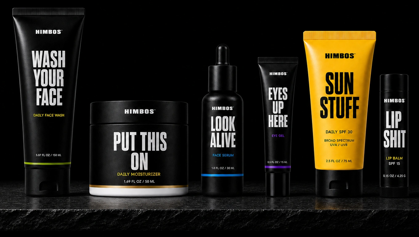 The complete HIMBOS skincare lineup on a dark stone shelf